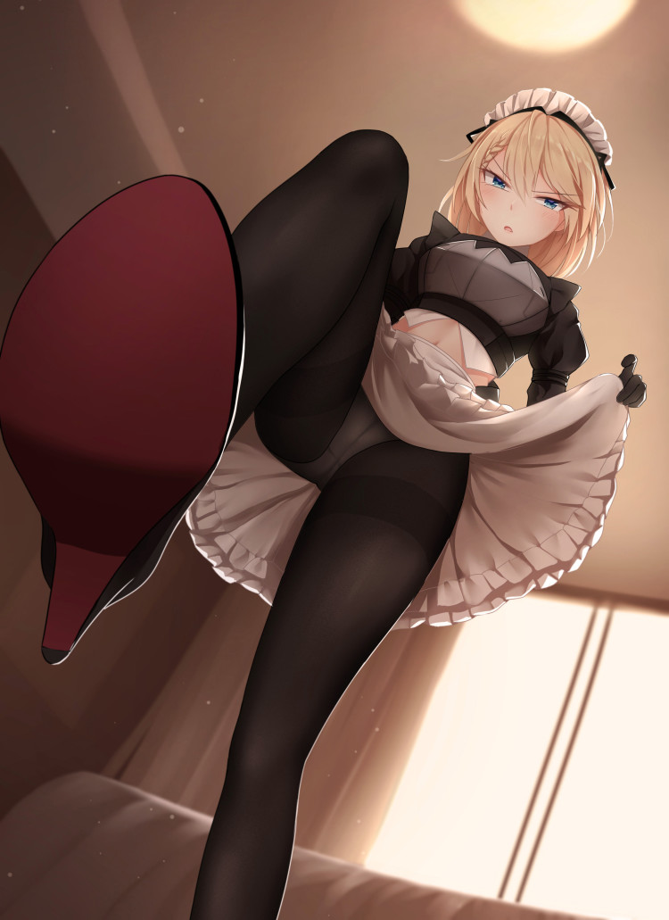 1girl apron black_legwear blonde_hair braid braided_bangs chinese_commentary commentary_request english_commentary frilled_apron frills from_below g36_(girls_frontline) girls_frontline green_eyes high_heels indoors juliet_sleeves lifted_by_self long_sleeves maid maid_apron maid_headdress mixed-language_commentary mod3_(girls_frontline) panties panties_under_pantyhose pantyhose pantyshot puffy_sleeves shoe_soles short_hair skirt skirt_lift solo thighband_pantyhose underwear upskirt white_apron white_panties wo_you_yibei_jia_wanli