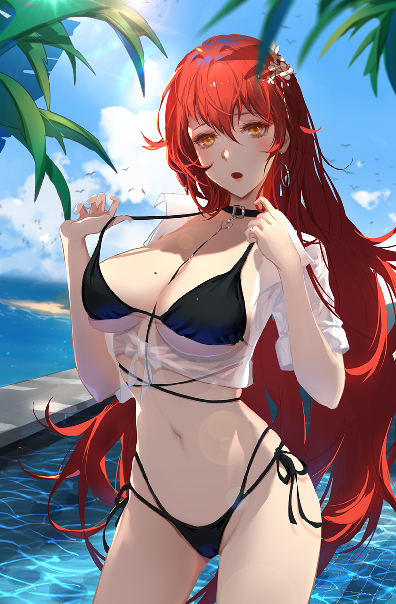 1girl bikini bird black_bikini blue_sky blush breasts brown_eyes cowboy_shot day earrings flower hair_flower hair_ornament heart heart_necklace highres honkai_(series) honkai_impact_3rd jewelry large_breasts lens_flare long_hair looking_at_viewer mole mole_on_breast murata_himeko navel ocean open_mouth outdoors palm_tree redhead seagull see-through shirt short_sleeves side-tie_bikini sidelocks sky solo strap_pull sun swimsuit taichi_(yirkorn) tied_shirt tree very_long_hair water wet wet_clothes wet_shirt white_flower white_shirt