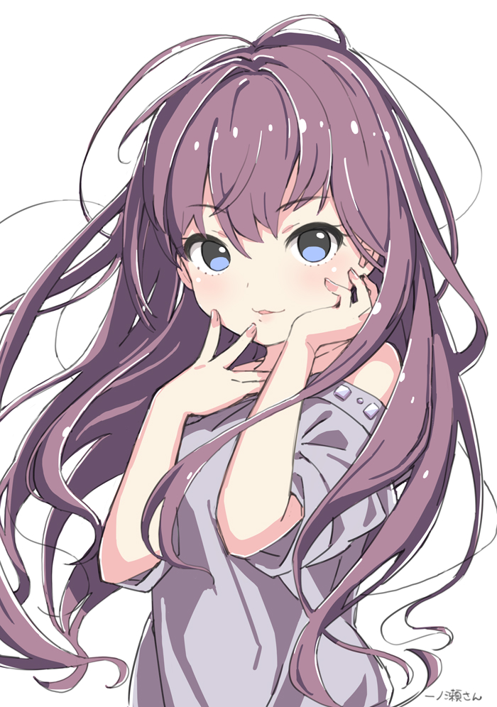 1girl ahoge bare_shoulders blue_eyes blush breasts brown_hair character_name collarbone dot_nose dress grey_dress hair_between_eyes hands_on_own_face hands_up ichinose_shiki idolmaster idolmaster_cinderella_girls idolmaster_cinderella_girls_starlight_stage kuresuku_(lessons) long_hair looking_at_viewer medium_breasts off-shoulder_dress off_shoulder parted_lips short_sleeves smile solo upper_body wavy_hair white_background