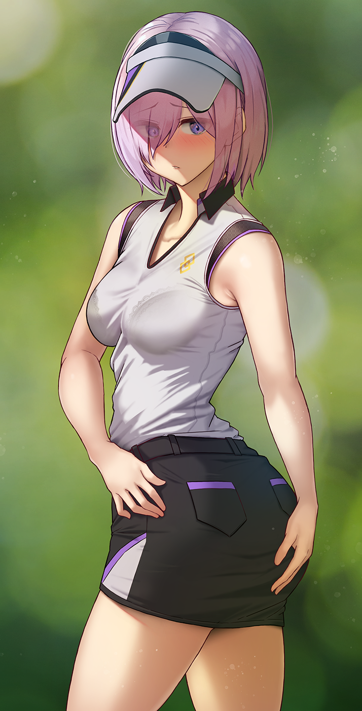 1girl armpit_crease ass bare_shoulders black_skirt blush breasts collarbone collared_shirt cowboy_shot eyebrows_visible_through_hair eyes_visible_through_hair fate/grand_order fate_(series) from_behind hair_over_one_eye hand_on_ass hat highres logo looking_at_viewer looking_back mash_kyrielight medium_breasts one_eye_covered outdoors parted_lips pocket purple_hair shirt shirt_tucked_in short_hair skirt sleeveless solar_(happymonk) solo thighs visor visor_cap white_headwear white_shirt