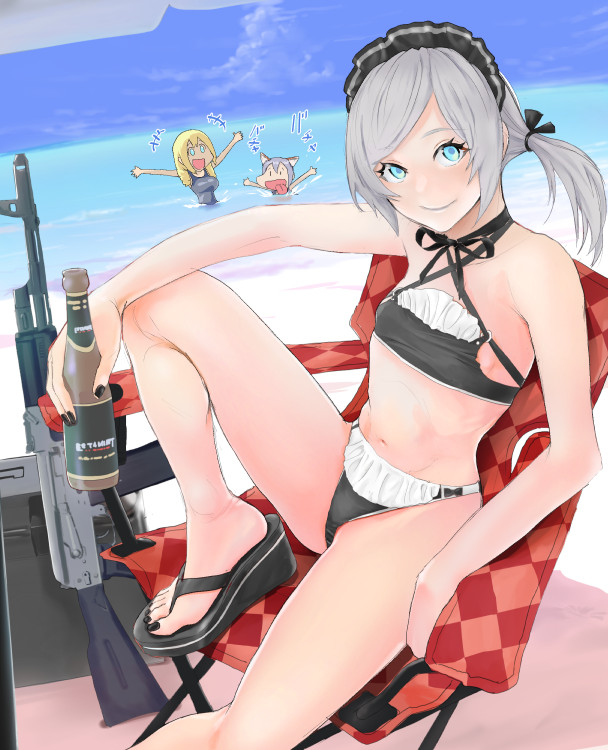 3f1n92k0 3girls :d animal_ears assault_rifle beach bikini blonde_hair blue_eyes bottle chair day folding_chair gun holding holding_bottle leg_up maid_bikini maid_headdress multiple_girls ocean open_mouth original outdoors rifle sandals silver_hair sitting smile swimsuit tongue tongue_out wading weapon weapon_request
