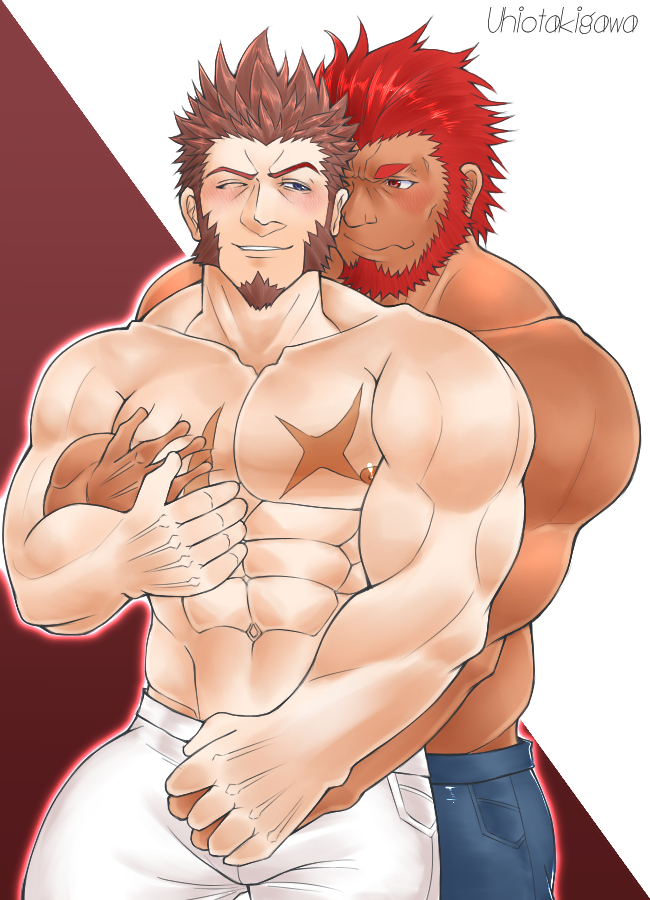 2boys :s abs bara beard blue_eyes blush brown_hair chest facial_hair fate/grand_order fate_(series) goatee grabbing holding_hand holding_hands interlocked_fingers iskandar_(fate) looking_at_another male_focus multiple_boys muscle napoleon_bonaparte_(fate/grand_order) navel nipples pants pectoral_grab pectorals scar sideburns simple_background smile thick_thighs thighs tight ushio_takigawa white_pants yaoi