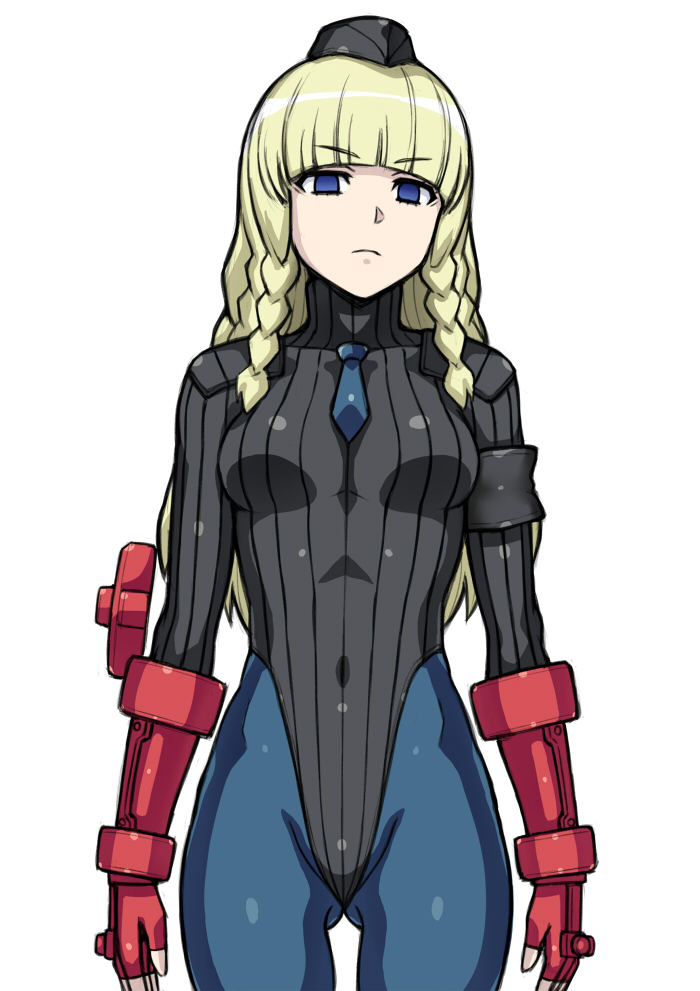 1girl bangs black_headwear black_leotard blonde_hair blue_eyes blue_legwear blunt_bangs commentary_request corruption cosplay cowboy_shot dark_persona empty_eyes fingerless_gloves garrison_cap gloves hai_(h81908190) hat highleg highleg_leotard leotard long_hair looking_at_viewer necktie pantyhose red_gloves ribbed_leotard shadaloo_dolls shirley_fennes simple_background solo standing street_fighter street_fighter_zero_(series) tales_of_(series) tales_of_legendia white_background