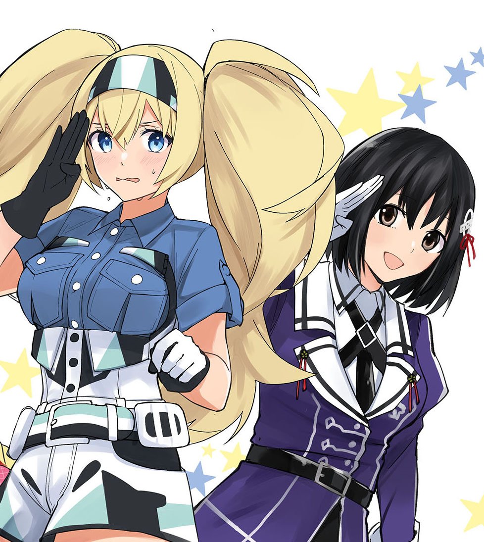 belt black_belt black_hair black_neckwear black_skirt blonde_hair blue_eyes blue_shirt border breast_pocket breasts brown_eyes collared_shirt cowboy_shot fingers_together gambier_bay_(kantai_collection) gloves haguro_(kantai_collection) hair_ornament hairband juliet_sleeves kantai_collection large_breasts long_sleeves military military_uniform morinaga_miki multicolored multicolored_clothes multicolored_gloves open_mouth pencil_skirt pocket puffy_sleeves remodel_(kantai_collection) shirt short_hair shorts skirt smile solo star_(symbol) twintails uniform white_gloves