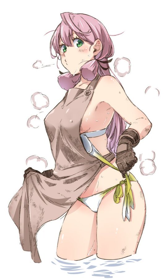 1girl =3 akashi_(kantai_collection) alternate_costume apron apron_lift artist_request bangs bikini black_gloves black_ribbon blowing breasts brown_apron colorized cowboy_shot dirty gloves green_eyes hair_ribbon kantai_collection lifted_by_self looking_at_viewer medium_breasts nearly_naked_apron pink_hair ribbon side-tie_bikini solo standing steam sweat swimsuit untied untied_bikini untying wading white_background white_bikini