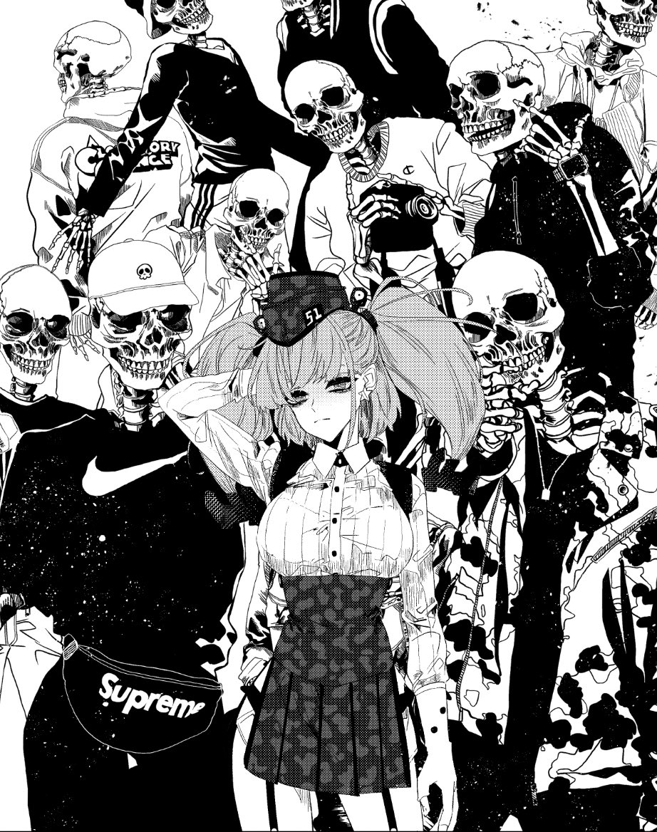 1girl anchor_hair_ornament anno88888 atlanta_(kantai_collection) bangs breasts camera closed_mouth coat earrings garrison_cap garter_straps gloves greyscale hair_ornament hat headgear jacket jewelry kantai_collection long_hair monochrome nike partly_fingerless_gloves single_earring skeleton skirt solo star_(symbol) star_earrings suspender_skirt suspenders two_side_up