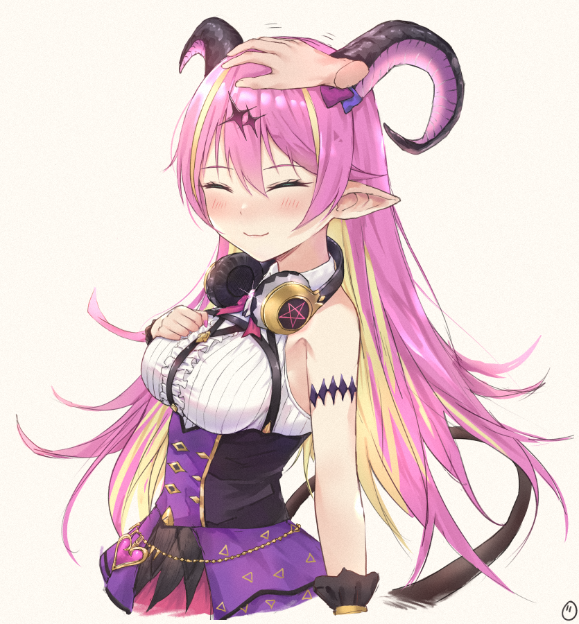 1girl bangs bare_shoulders blonde_hair blue_bow blush bow breasts brown_background center_frills closed_eyes closed_mouth curled_horns demon_girl demon_horns demon_tail disembodied_limb envyvanity eyebrows_visible_through_hair frills hair_between_eyes hair_bow hand_on_own_chest hand_up headphones headphones_around_neck hololive horns large_breasts long_hair mano_aloe multicolored_hair pentagram petting pink_hair pointy_ears purple_bow purple_skirt shirt simple_background skirt sleeveless sleeveless_shirt smile solo_focus tail two-tone_hair very_long_hair virtual_youtuber white_shirt