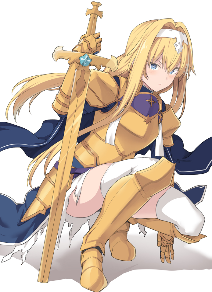 1girl alice_schuberg armor armored_boots bangs blonde_hair blue_dress blue_eyes blush boots dress gauntlets gold_armor hairband holding long_hair looking_at_viewer planted_sword planted_weapon shiseki_hirame solo squatting sword sword_art_online thigh-highs torn_clothes torn_dress weapon white_hairband white_legwear