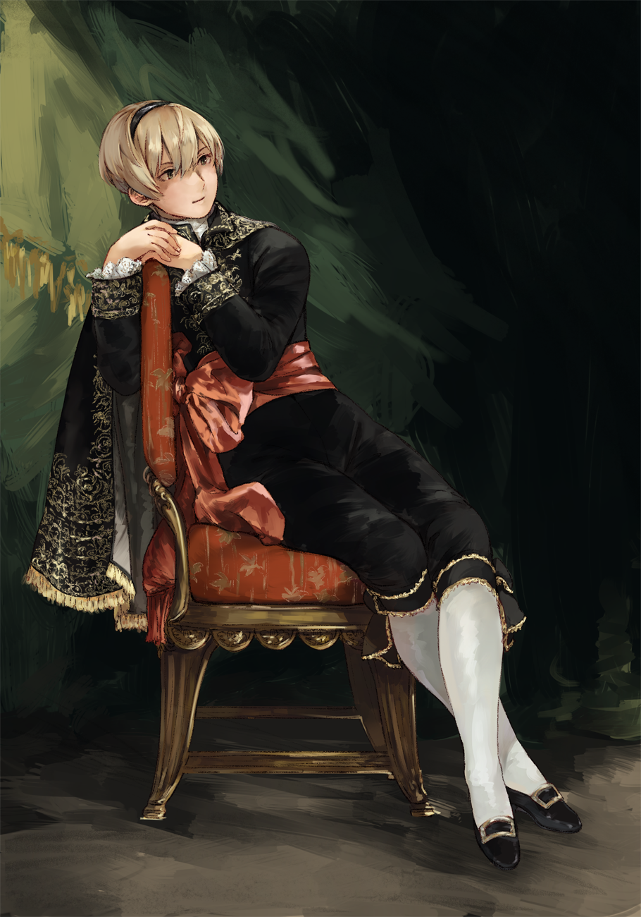 1boy ai-wa bangs black_cape black_footwear black_jacket black_pants blonde_hair cape chair closed_mouth crossed_legs curtains cushion embroidery english_commentary fire_emblem fire_emblem_fates full_body hairband highres jacket kneehighs lace-trimmed_sleeves leaning_to_the_side leo_(fire_emblem) long_sleeves looking_away male_focus own_hands_together pants sash shoes sitting sitting_sideways solo white_legwear