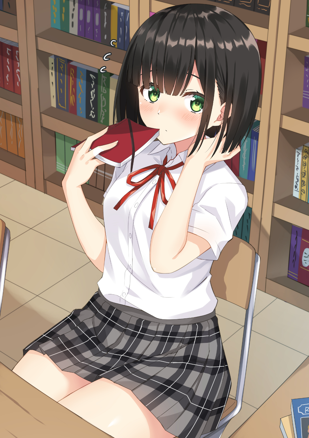 1girl bangs black_hair blush book bookshelf breasts closed_mouth collared_shirt commentary_request dress_shirt eyebrows_visible_through_hair flying_sweatdrops green_eyes grey_skirt hands_up highres holding holding_book indoors komori_kuzuyu library looking_at_viewer neck_ribbon on_chair open_book original plaid plaid_skirt pleated_skirt red_ribbon ribbon school_uniform shirt short_sleeves sitting skirt small_breasts solo table tile_floor tiles white_shirt