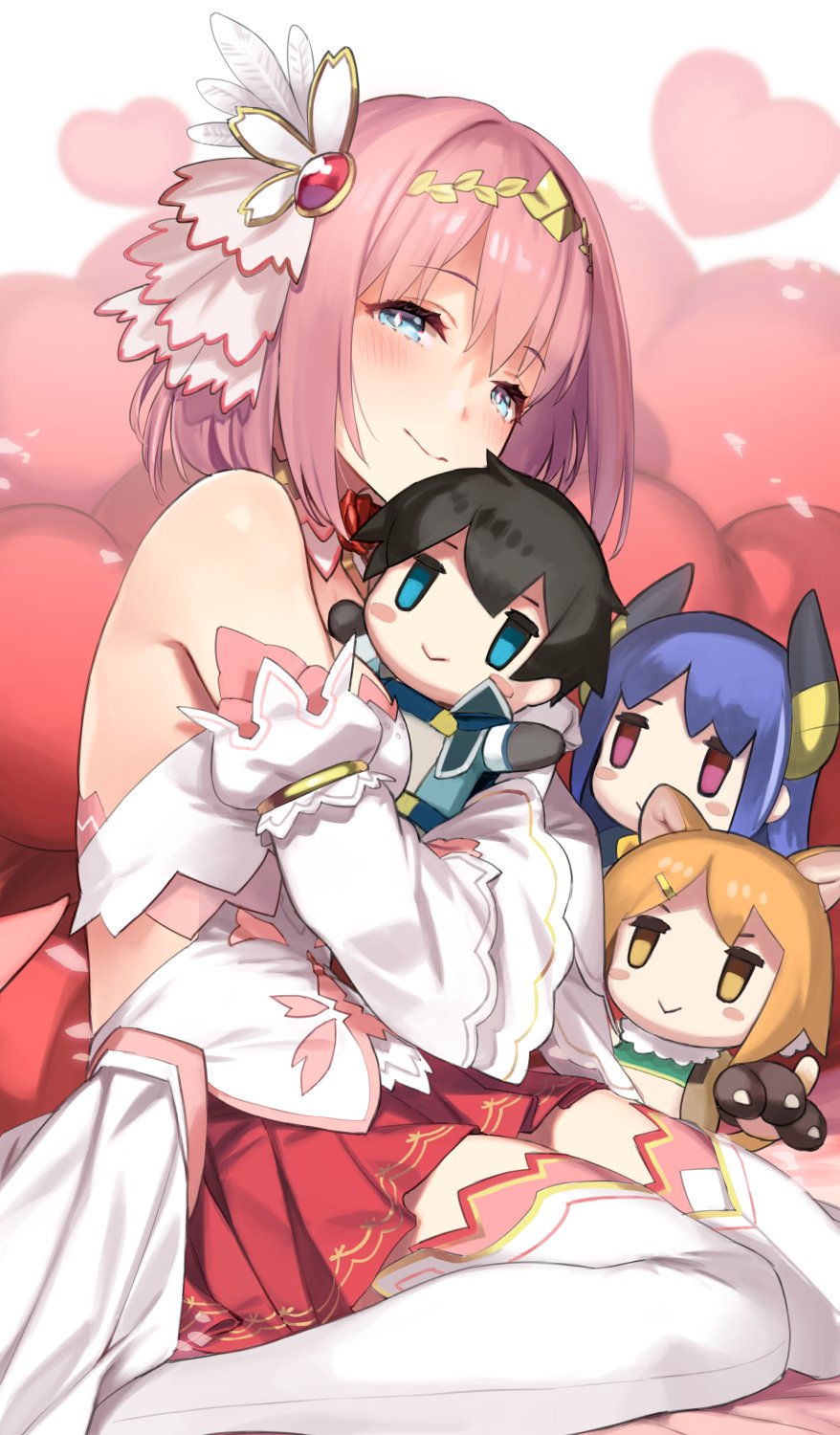 1girl 92m bangs blue_eyes blush breasts circlet closed_mouth hairband heart highres hiyori_(princess_connect!) large_breasts looking_at_viewer pink_hair princess_connect! princess_connect!_re:dive puffy_sleeves red_skirt rei_(princess_connect!) short_hair skirt smile stuffed_toy yui_(princess_connect!) yuuki_(princess_connect!)