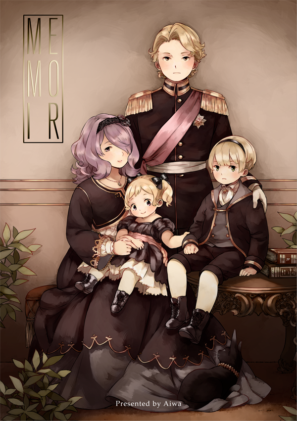 2boys 2girls ai-wa ankle_boots arm_at_side arm_grab artist_name ascot black_bow black_dress black_footwear black_jacket black_ribbon black_shorts blonde_hair blush book_stack boots bow brother_and_sister brothers brown_eyes camilla_(fire_emblem) child closed_mouth clothes_grab cross-laced_footwear dress elise_(fire_emblem) epaulettes fire_emblem fire_emblem_fates flipped_hair floor frown hair_over_one_eye hair_ribbon hairband hand_on_own_thigh indoors jacket jewelry leo_(fire_emblem) long_sleeves medal medium_hair multiple_boys multiple_girls necklace nervous one_eye_covered outstretched_arm pantyhose pendant puffy_short_sleeves puffy_sleeves purple_hair ribbon sash short_sleeves shorts siblings sisters sitting sitting_on_table smile standing stool table twintails vest violet_eyes wall white_legwear xander_(fire_emblem) younger