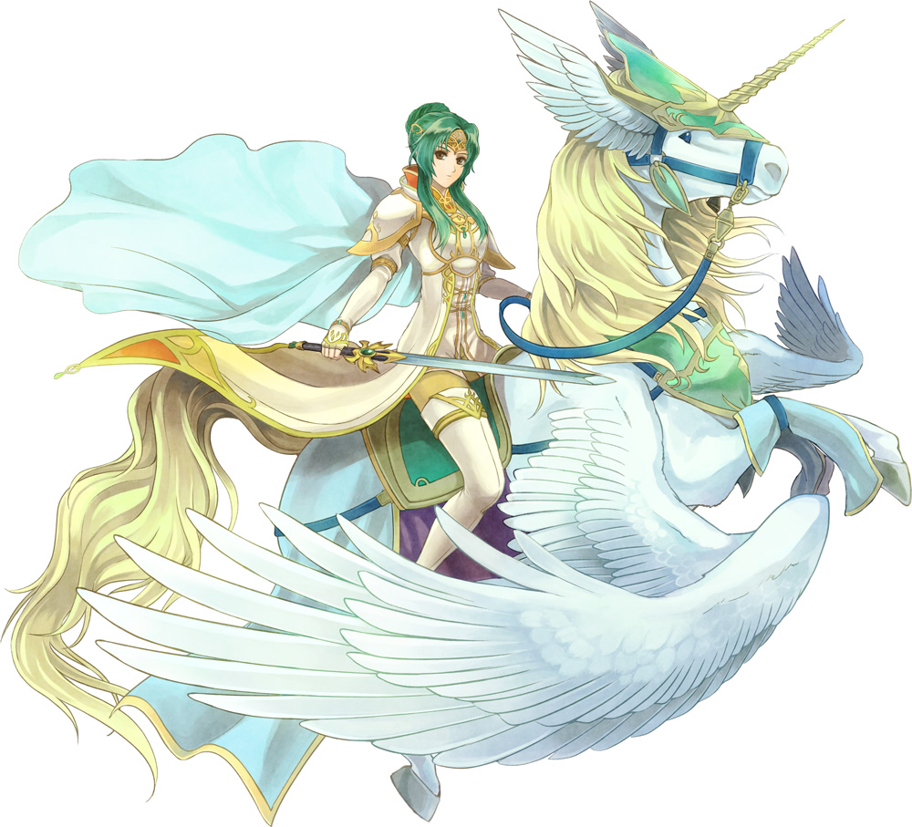 1girl 1other 369akuru alicorn amiti animal armor blue_cape brown_eyes cape dress elincia_ridell_crimea fingerless_gloves fire_emblem fire_emblem:_akatsuki_no_megami fire_emblem:_radiant_dawn fire_emblem_10 fire_emblem_heroes gloves green_hair hair_bun holding holding_sword holding_weapon human intelligent_systems mammal nintendo pegasus pegasus_knight simple_background sword tiara weapon white_dress wings