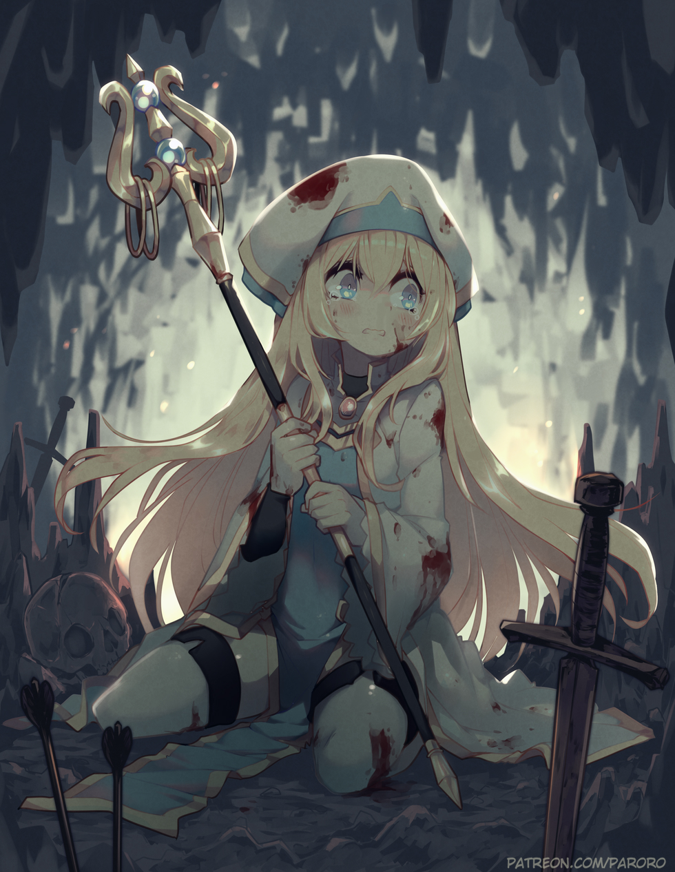 1girl artist_name bangs blonde_hair blood bloody_clothes blue_eyes blush boots cave crying goblin_slayer! hat highres holding holding_staff injury long_hair long_sleeves looking_to_the_side parororo planted_arrow planted_sword planted_weapon priestess_(goblin_slayer!) sitting skull solo staff sword tears thigh-highs thigh_boots torn_clothes wariza watermark weapon web_address white_headwear white_legwear wide_sleeves