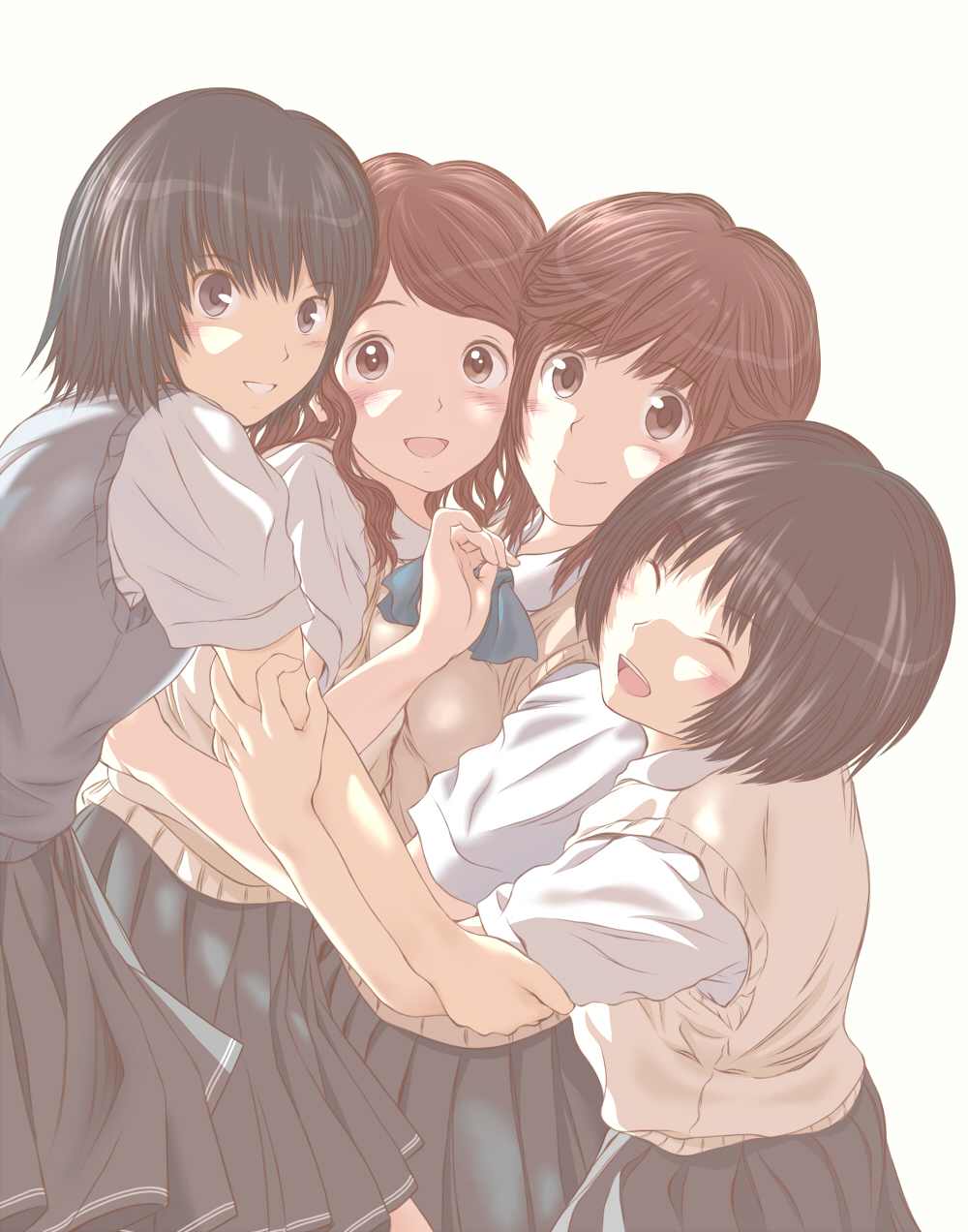 4girls amagami black_eyes brown_eyes brown_hair closed_eyes commentary_request dress grey_skirt highres hug keisuke_(0320030103200301) kibito_high_school_uniform multiple_girls nakata_sae nanasaki_ai open_mouth pleated_dress sakurai_rihoko school_uniform short_hair short_sleeves skirt smile sweater_vest tachibana_miya twintails