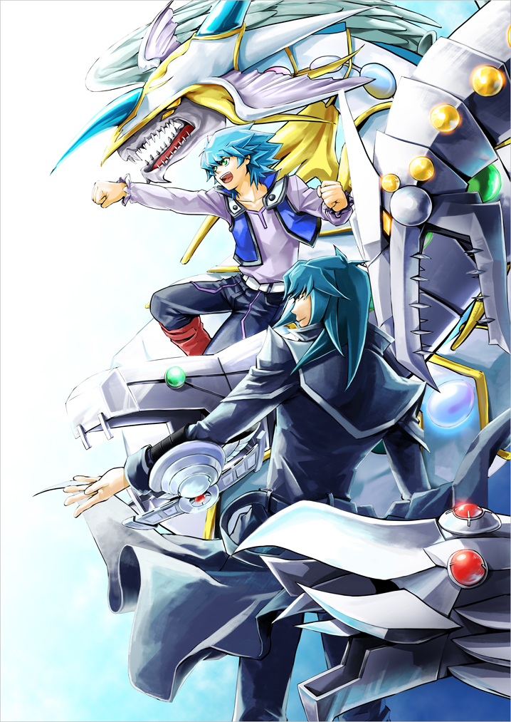 2boys :d aqua_hair closed_mouth commentary_request cyber_end_dragon dragon duel_academy_uniform_(yuu-gi-ou_gx) duel_disk duel_monster green_eyes johan_andersen long_sleeves looking_to_the_side machine male_focus marufuji_ryou multiple_boys open_mouth pants punching raimkoubo rainbow_dragon smile standing yuu-gi-ou yuu-gi-ou_gx