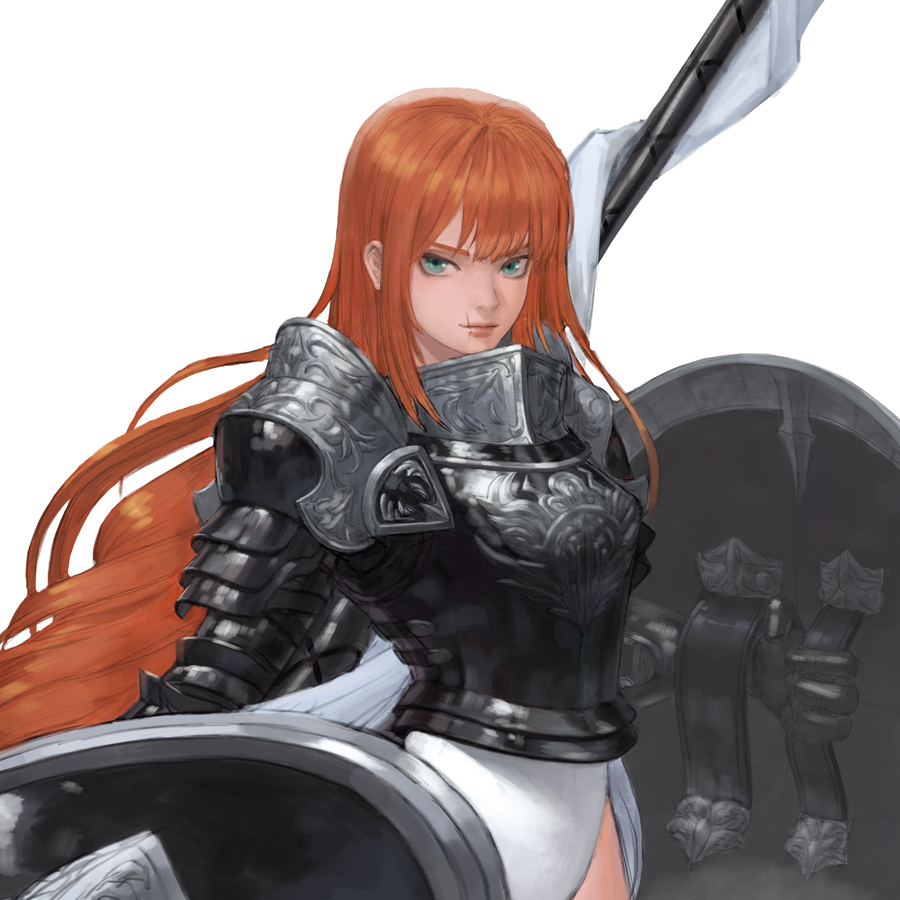 1girl armor breastplate closed_mouth cococo00 cropped facial_scar green_eyes holding holding_shield holding_weapon knight long_hair orange_hair original pauldrons scar shield shoulder_armor simple_background solo weapon white_background