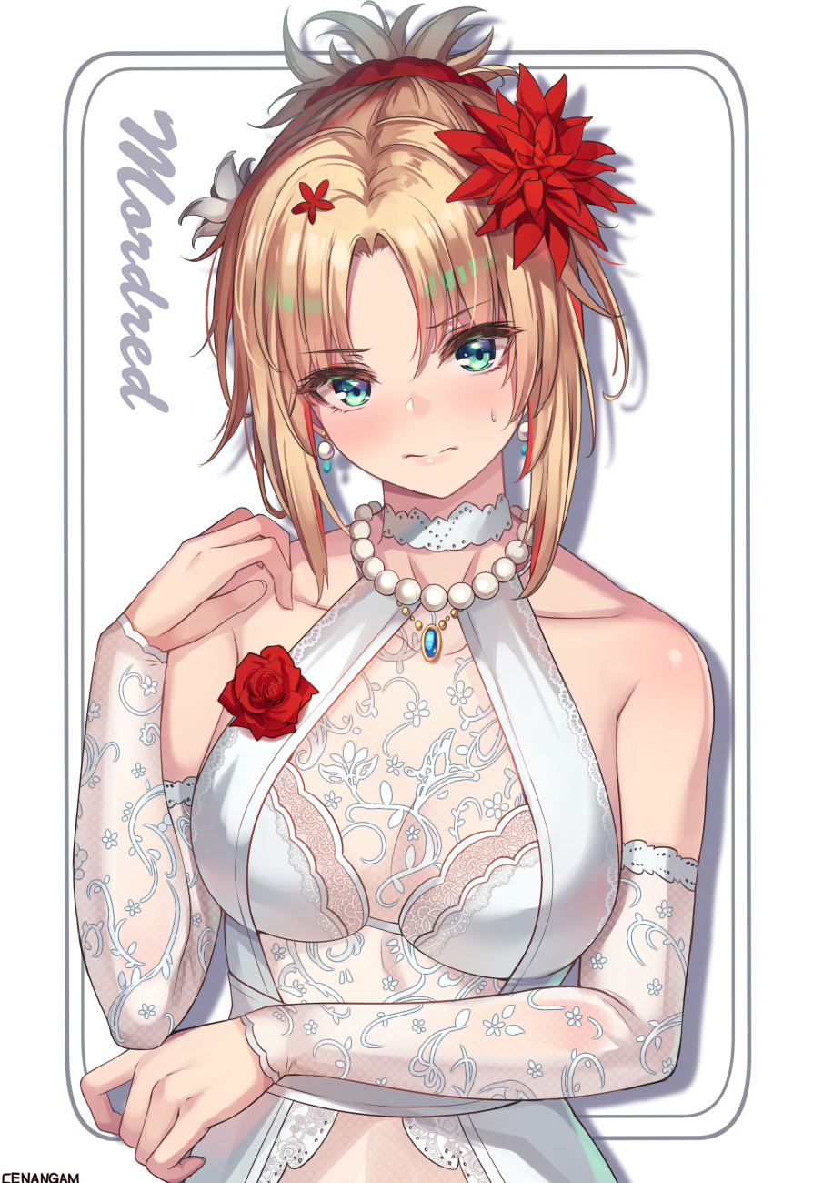 1girl arm_across_waist bangs bare_shoulders blonde_hair blush breasts cenangam choker collarbone detached_sleeves dress fate/grand_order fate_(series) flower green_eyes hair_flower hair_ornament hand_up highres jewelry lace lace_choker long_hair looking_at_viewer mordred_(fate) mordred_(fate)_(all) necklace pearl_necklace ponytail red_flower red_rose red_scrunchie rose scrunchie sidelocks sleeveless sleeveless_dress solo sweatdrop white_dress