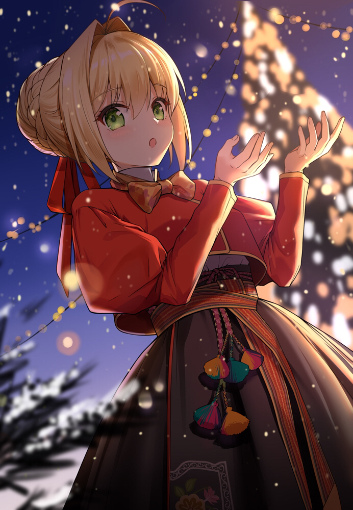 1girl :o ahoge arms_up blonde_hair blurry blurry_background bowtie_removed braid breasts dress eyebrows_visible_through_hair fate/grand_order fate_(series) green_eyes hair_bun hair_intakes hair_ribbon hands_up hokuotzu long_sleeves looking_at_viewer medium_breasts nero_claudius_(fate) nero_claudius_(fate)_(all) night night_sky open_mouth puffy_sleeves red_dress ribbon short_hair sidelocks sky solo star_(sky) starry_sky tree winter