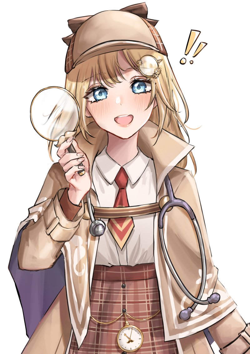 !! 1girl :d blonde_hair blue_eyes blush brown_jacket capelet collared_shirt cosplay detective expulse facial_hair hair_ornament hat holding holding_magnifying_glass hololive hololive_english jacket long_hair long_sleeves looking_at_viewer magnifying_glass mustache necktie open_mouth plaid plaid_headwear plaid_skirt pocket_watch red_neckwear sherlock_holmes sherlock_holmes_(cosplay) shirt simple_background skirt smile solo stethoscope watch watson_amelia