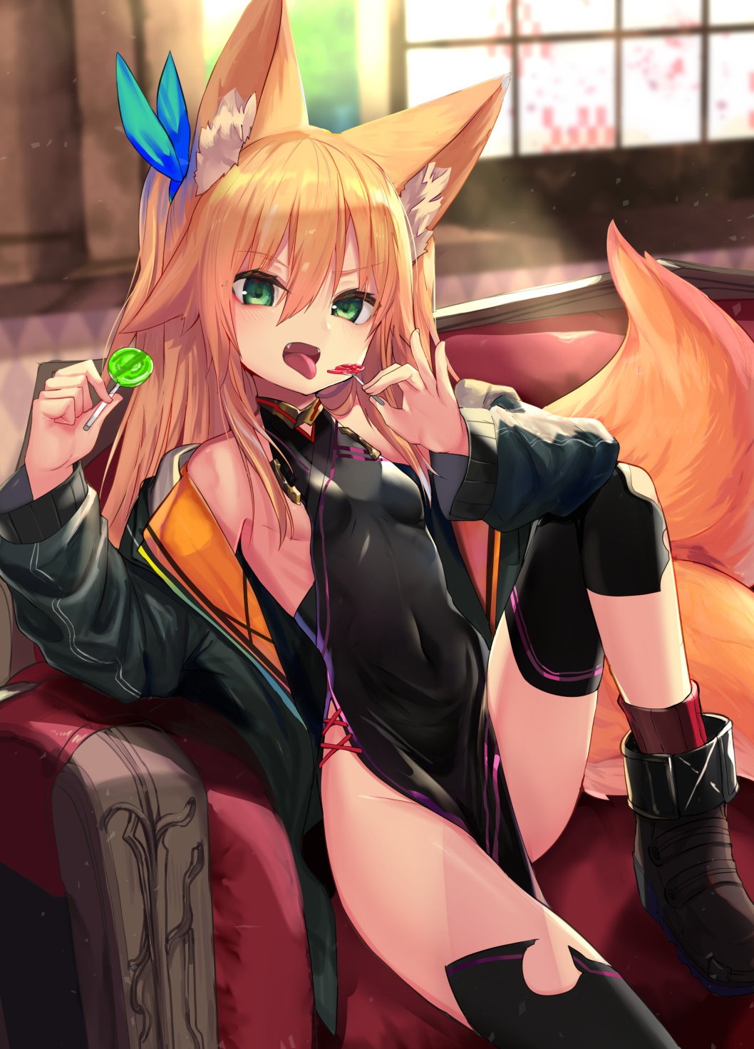 1girl animal_ear_fluff animal_ears bangs bare_shoulders black_dress black_footwear black_jacket black_legwear blonde_hair blurry blurry_background blush breasts candy china_dress chinese_clothes commentary_request covered_navel dress food fox_ears fox_tail green_eyes groin hair_between_eyes highres holding holding_candy holding_food holding_lollipop indoors jacket knee_up kokonoe_tsubaki lollipop long_hair long_sleeves looking_at_viewer no_panties off_shoulder open_clothes open_jacket open_mouth original pelvic_curtain ribbon shoes side_slit sitting small_breasts solo tail tongue tongue_out yoshizawa_tsubaki