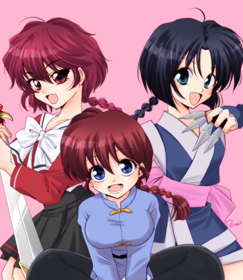 3girls black_hair blue_eyes braid crossover green_eyes holding holding_knife knife kunai looking_at_viewer magic_knight_rayearth makimachi_misao multiple_crossover multiple_girls ninja open_mouth pink_background ranma-chan ranma_1/2 red_eyes redhead rurouni_kenshin shidou_hikaru trait_connection uehara_doh weapon