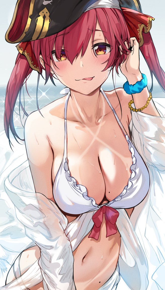 1girl bangs bare_shoulders bikini bikini_tan blush bracelet breasts eyebrows_visible_through_hair hair_ribbon halter_top halterneck hat heterochromia hews_hack hololive houshou_marine jacket jewelry large_breasts long_hair looking_at_viewer mole mole_on_breast red_eyes red_ribbon redhead ribbon scrunchie smile solo swimsuit tan tanline twintails virtual_youtuber white_bikini wrist_scrunchie yellow_eyes