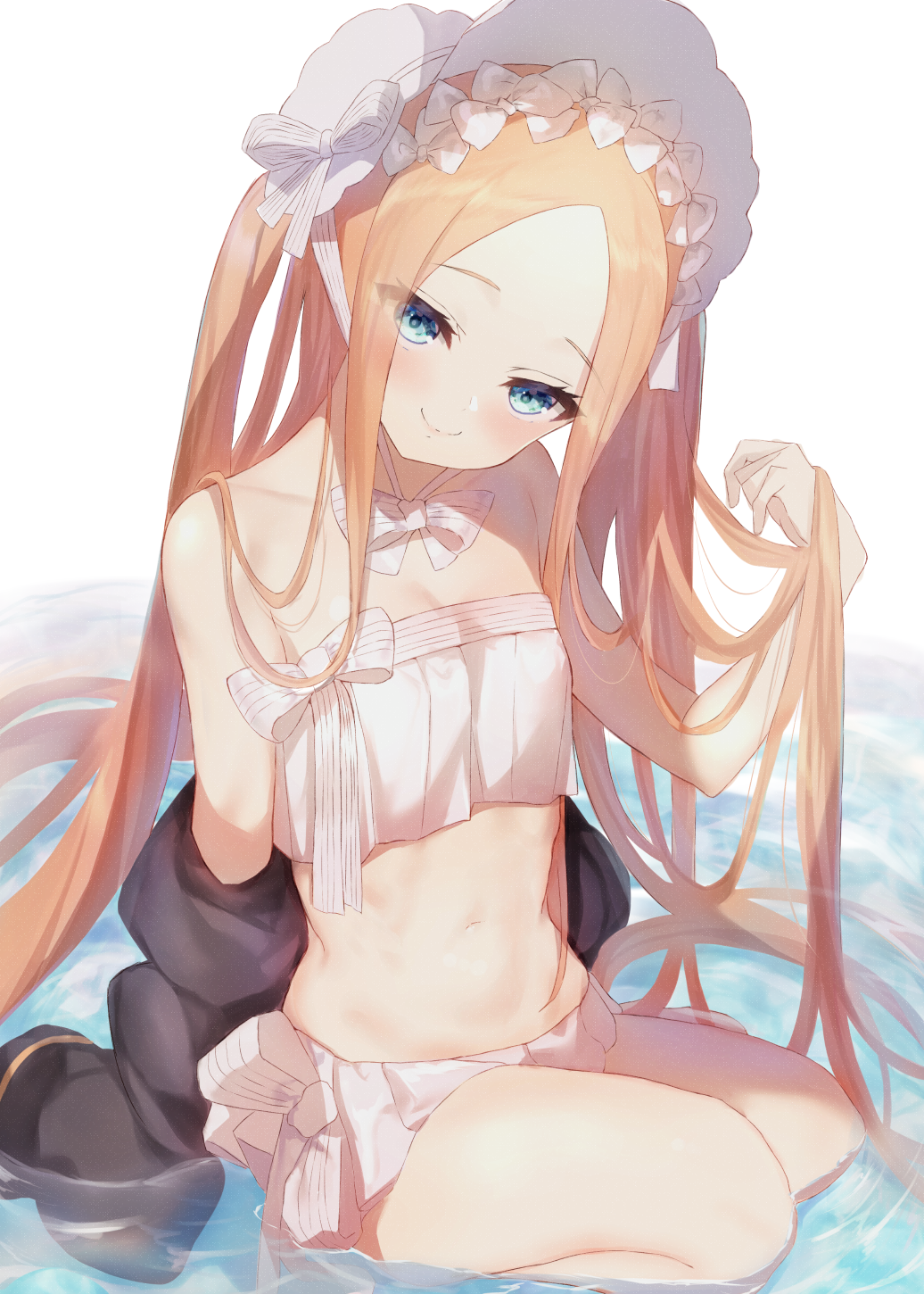 1girl abigail_williams_(fate/grand_order) abigail_williams_(swimsuit_foreigner)_(fate) bangs bare_shoulders bikini black_jacket blonde_hair blue_eyes bonnet bow breasts closed_mouth fate/grand_order fate_(series) forehead hair_bow highres jacket long_hair maosame miniskirt navel parted_bangs sidelocks skirt small_breasts smile swimsuit twintails very_long_hair water white_bikini white_bow white_headwear