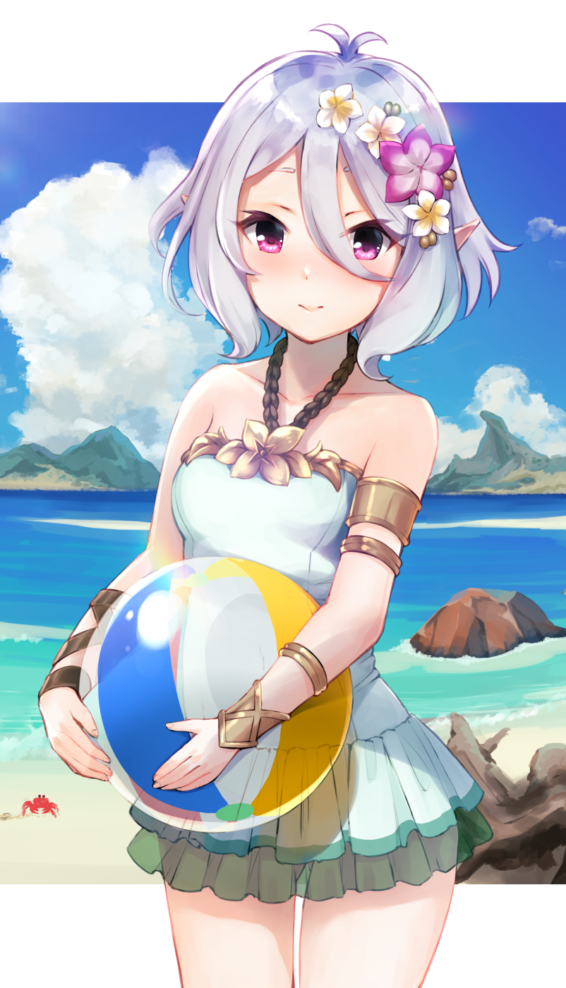 1girl antenna_hair armlet ass_visible_through_thighs ball bare_shoulders beachball blue_sky blush bracelet breasts casual_one-piece_swimsuit closed_mouth clouds collarbone commentary_request covered_navel cowboy_shot cowengium crab day elf flower hair_between_eyes hair_flower hair_ornament highres holding holding_ball jewelry kokkoro_(princess_connect!) ocean one-piece_swimsuit outdoors pointy_ears princess_connect! princess_connect!_re:dive purple_flower rock short_hair silver_hair sky small_breasts smile solo swimsuit swimsuit_skirt transparent violet_eyes water white_flower white_swimsuit