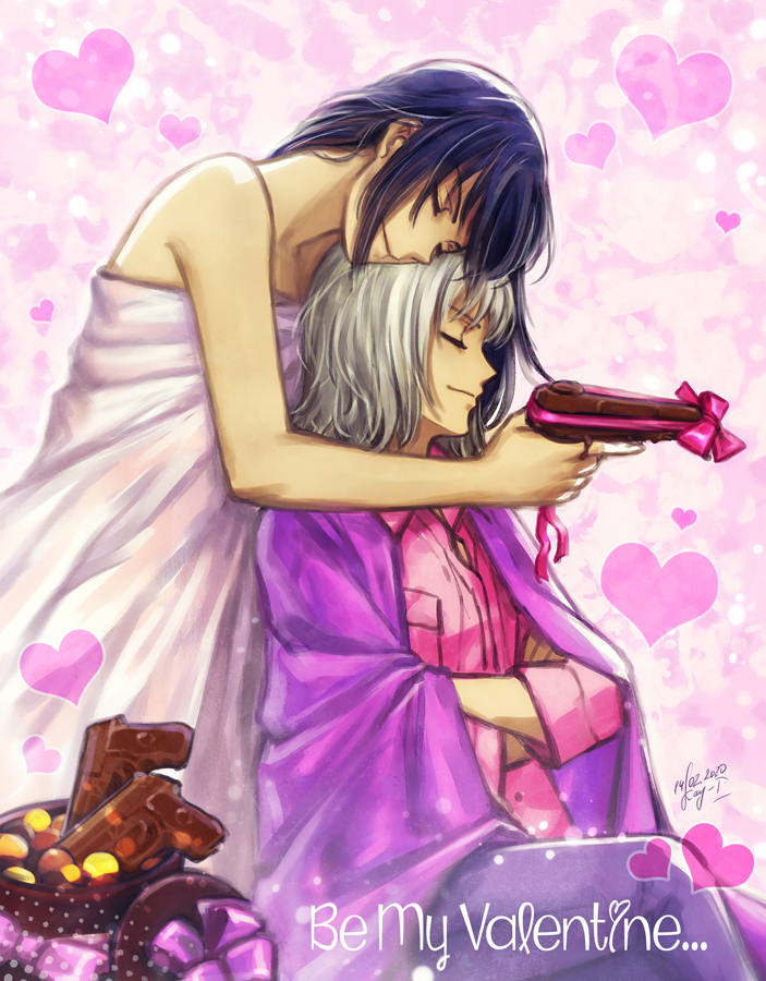 2girls 428 alphard bangs blue_hair canaan canaan_(character) closed_eyes closed_mouth crossed_arms dress_shirt elena_ivlyushkina hair_between_eyes head_on_head heart holding long_sleeves multiple_girls naked_sheet pink_shirt shiny shiny_hair shirt short_hair silver_hair sitting smile standing valentine yuri