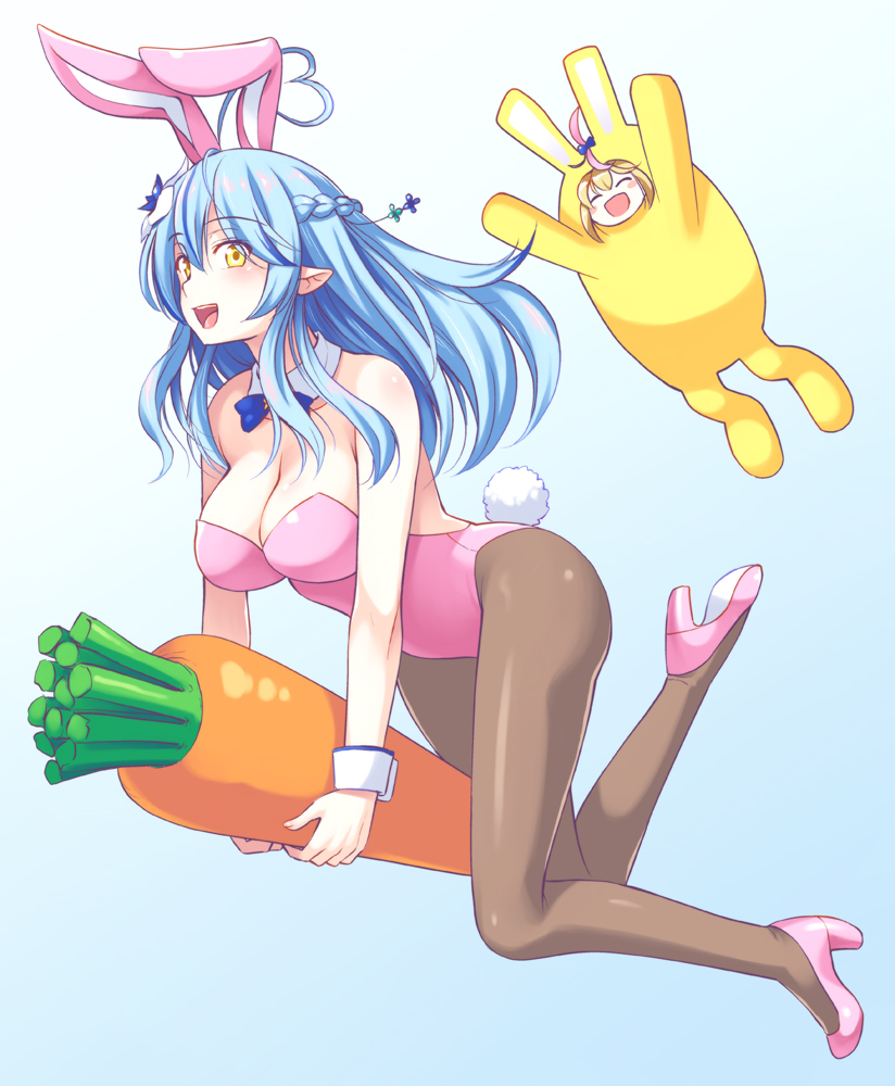 2girls :d ^_^ ahoge animal_costume animal_ears bangs bare_shoulders blonde_hair blue_hair blush breasts bunny_costume bunny_tail bunnysuit carrot closed_eyes elf fake_animal_ears fake_tail flower food hair_between_eyes hair_flower hair_ornament holding holding_food hololive large_breasts leotard long_hair looking_at_viewer multicolored_hair multiple_girls noise omaru_polka open_mouth pantyhose pink_footwear pink_hair pink_leotard pointy_ears smile super_bunny_man tail virtual_youtuber yellow_eyes yukihana_lamy