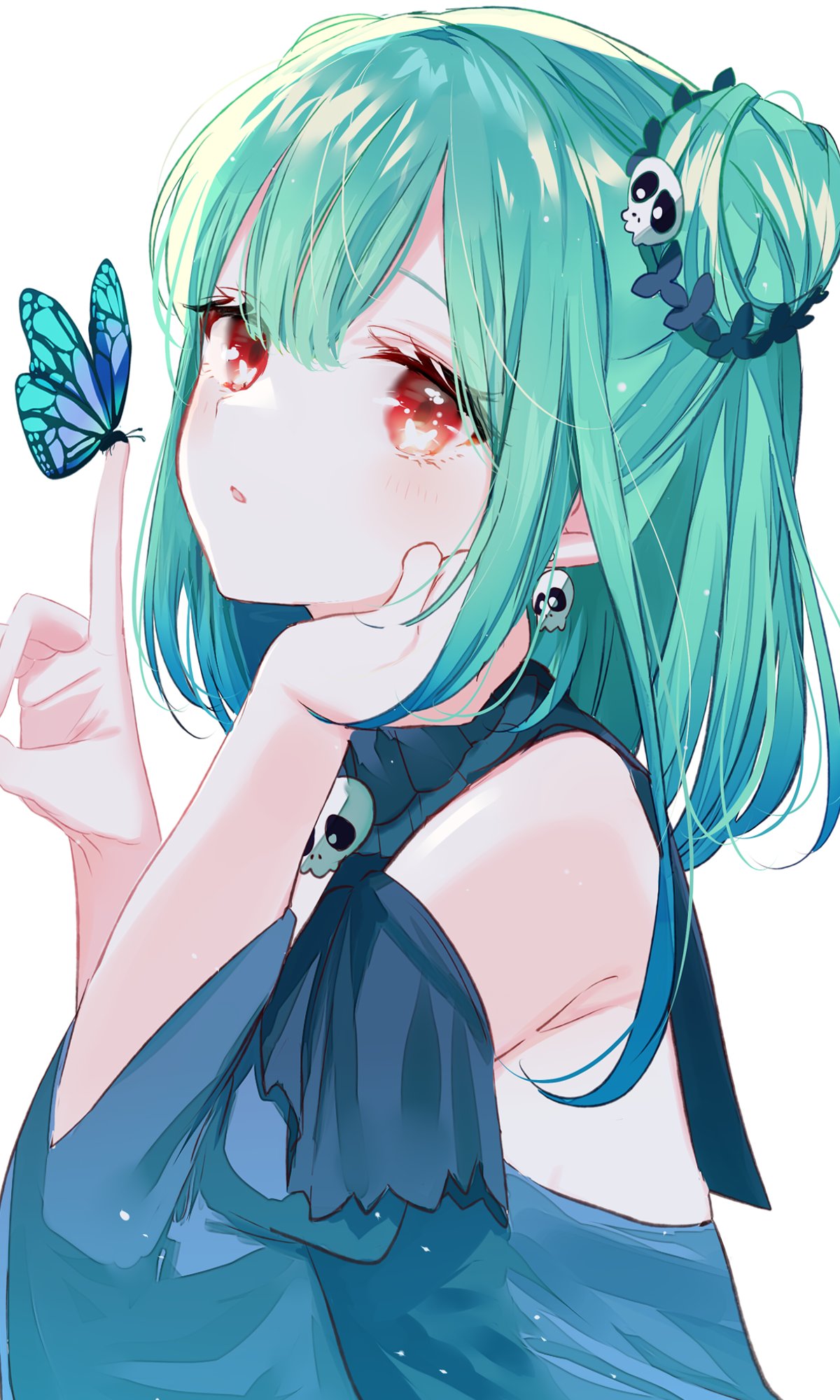 1girl animal_print blue_butterfly blue_dress blue_sleeves blush bow brooch bug butterfly butterfly_print double_bun dress earrings eyebrows eyebrows_visible_through_hair eyelashes gothic_lolita green_hair hair_ornament hand_on_own_cheek highres hololive hololive_fantasy insect jewelry lolita_fashion looking_at_viewer misumi_(macaroni) necromancer nose open_mouth pointing red_eyes short_hair skull_collar skull_earrings skull_hair_ornament solo strapless strapless_dress uruha_rushia virtual_youtuber white_background