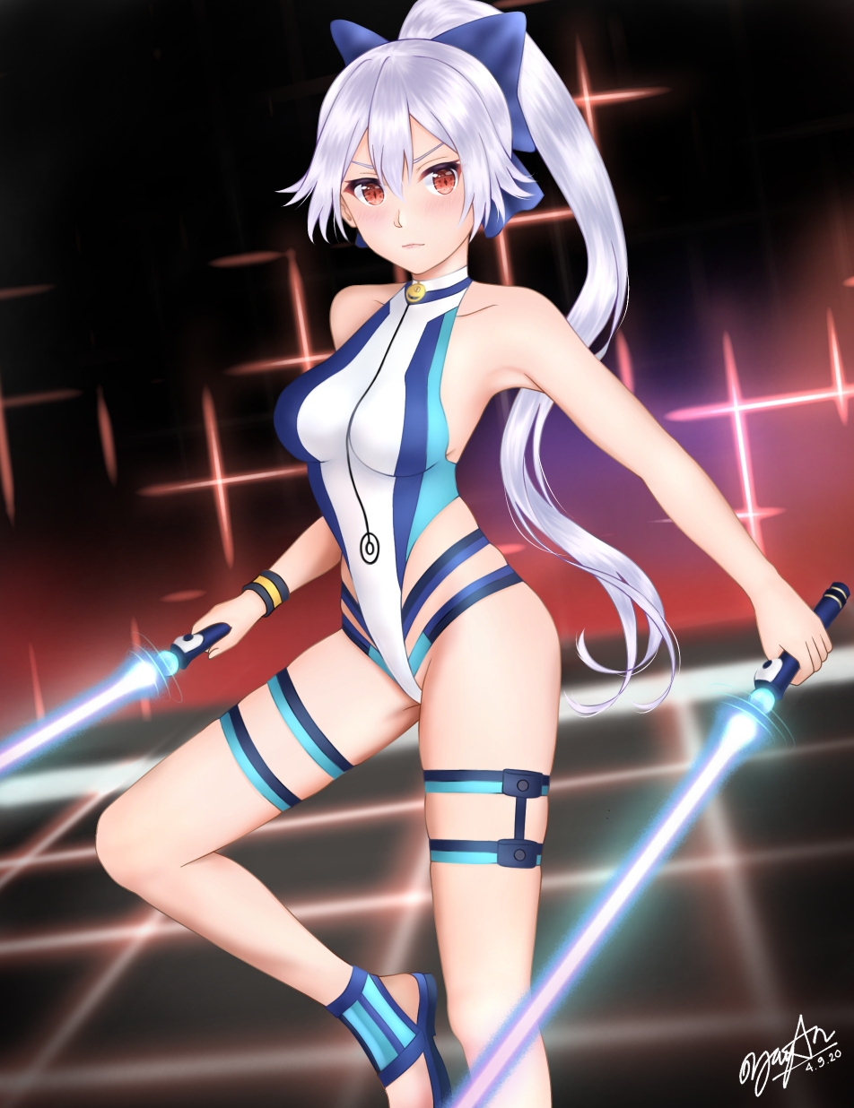 1girl bare_shoulders blue_bow blue_swimsuit blush bow breasts collarbone competition_swimsuit dated dual_wielding energy_sword fate/grand_order fate_(series) hair_bow highleg highleg_swimsuit highres holding holding_sword holding_weapon long_hair looking_at_viewer medium_breasts multicolored multicolored_clothes multicolored_swimsuit one-piece_swimsuit ponytail red_eyes sandals signature silver_hair solo striped_wristband swimsuit sword thigh_strap tomoe_gozen_(fate/grand_order) tomoe_gozen_(swimsuit_saber)_(fate) very_long_hair virtual_reality weapon white_swimsuit yayanri