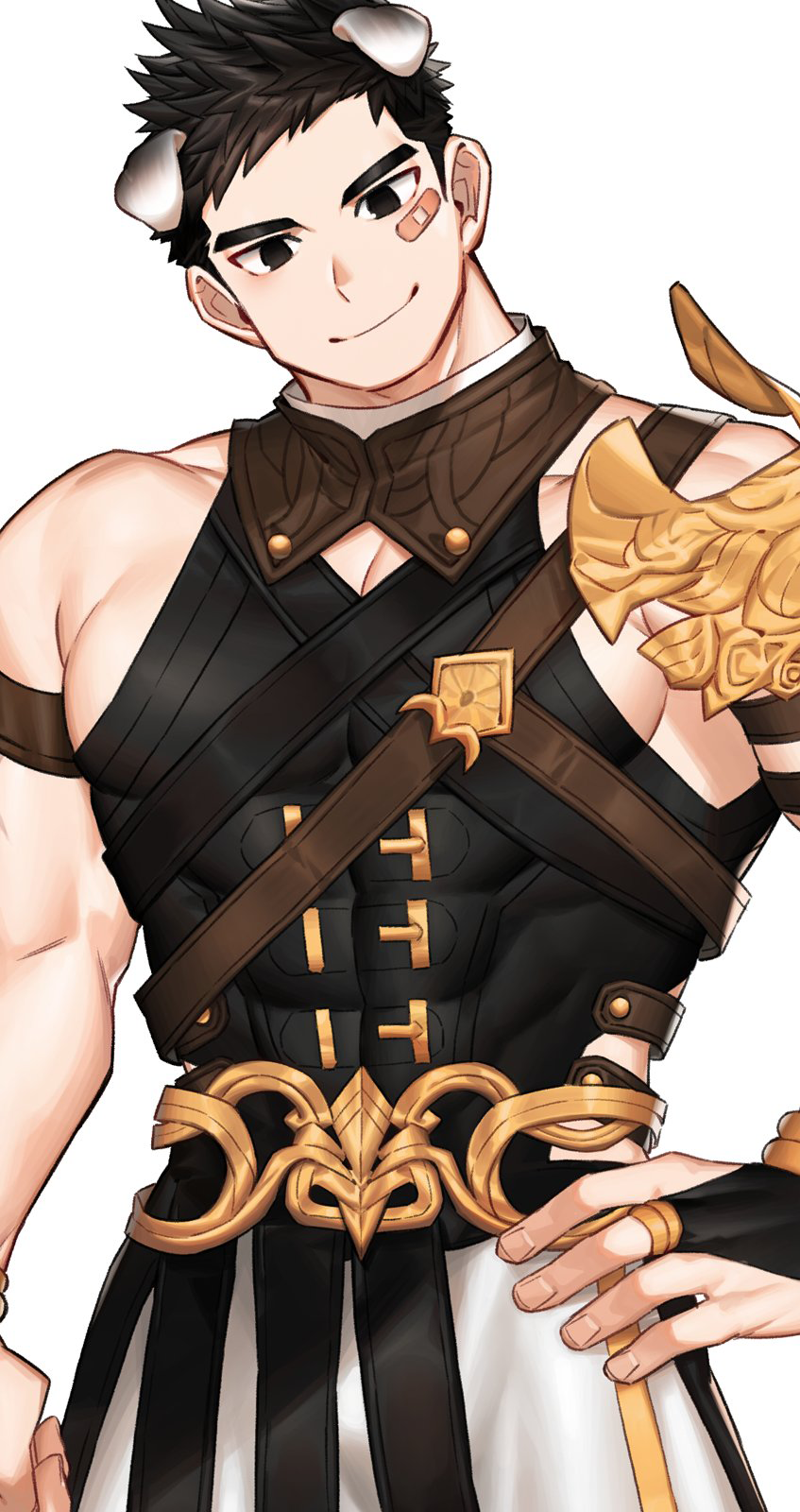 1boy animal_ears bandaid bandaid_on_face bara bare_shoulders black_eyes black_hair chest covered_abs cowboy_shot dog_ears fingerless_gloves gloves gondom head_tilt highres male_focus muscle original pectorals short_hair single_fingerless_glove sleeveless solo tagme