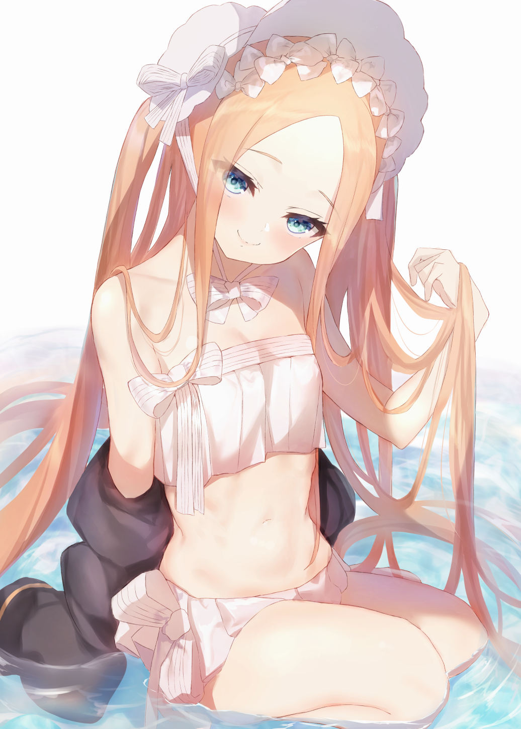 1girl abigail_williams_(fate/grand_order) abigail_williams_(swimsuit_foreigner)_(fate) bangs bare_shoulders bikini black_jacket blonde_hair blue_eyes bonnet bow breasts closed_mouth fate/grand_order fate_(series) forehead hair_bow highres jacket long_hair maosame miniskirt navel parted_bangs revision sidelocks skirt small_breasts smile swimsuit twintails very_long_hair water white_bikini white_bow white_headwear