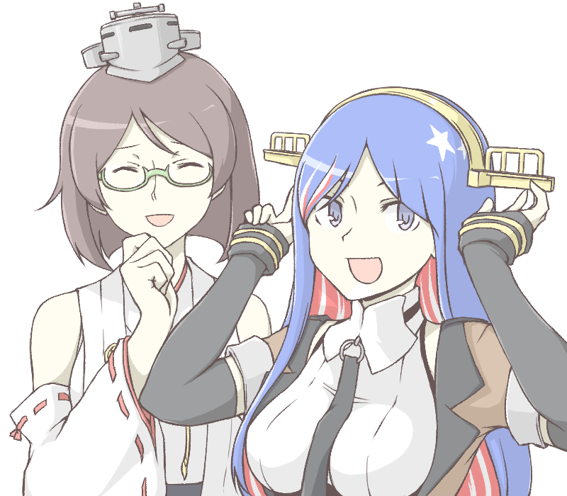 2girls aka_ra bangs black_hair black_neckwear blue_eyes blue_hair breasts closed_eyes detached_sleeves glasses green-framed_eyewear headgear headwear_switch japanese_clothes kantai_collection kirishima_(kantai_collection) long_hair long_sleeves multicolored_hair multiple_girls necktie nontraditional_miko open_mouth redhead ribbon-trimmed_sleeves ribbon_trim short_hair simple_background south_dakota_(kantai_collection) star_(symbol) upper_body white_background white_hair