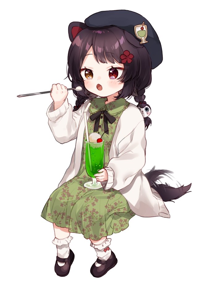 1girl afterimage animal_ears bangs bendy_straw beret black_bow black_footwear black_hair black_headwear blush bobby_socks bow braid brown_eyes collared_dress commentary_request cup dog_ears dog_girl dog_hair_ornament dog_tail dress drinking_glass drinking_straw eyebrows_visible_through_hair fangs floral_print flower food full_body green_dress hair_flower hair_ornament hat heterochromia holding holding_spoon ice_cream ice_cream_float inui_toko jacket long_hair long_sleeves looking_away low_twintails mary_janes nijisanji open_clothes open_jacket open_mouth print_dress puffy_long_sleeves puffy_sleeves red_eyes red_flower shoes simple_background sitting sleeves_past_wrists socks solo spoon tail tail_wagging twin_braids twintails virtual_youtuber white_background white_jacket white_legwear yamabukiiro younger