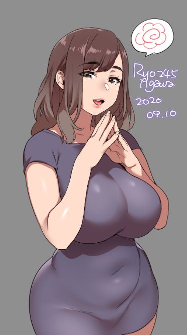 1girl 2020 agawa_ryou artist_name belly breasts brown_eyes brown_hair commentary covered_navel curvy dated dress grey_background huge_breasts lips long_hair looking_at_viewer original parted_lips purple_dress signature simple_background smile solo spoken_flower thick_thighs thighs wide_hips