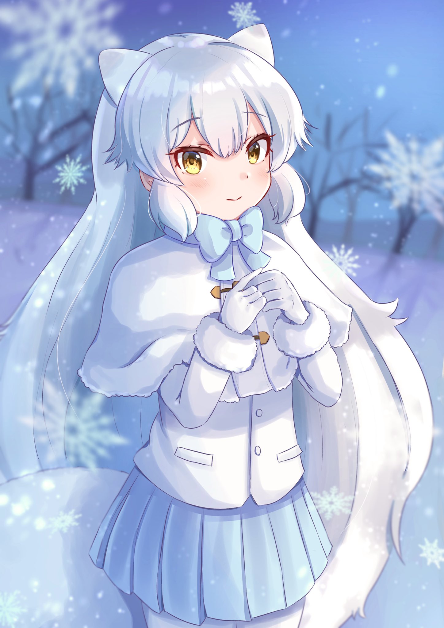 1girl animal_ears arctic_fox_(kemono_friends) blue_neckwear blue_skirt bow bowtie capelet coat commentary_request cowboy_shot extra_ears eyebrows_visible_through_hair fox_ears fox_girl fox_tail fur_trim gloves highres kemono_friends long_hair long_sleeves p_imo01 pleated_skirt skirt solo tail white_capelet white_coat white_gloves white_hair winter_clothes yellow_eyes