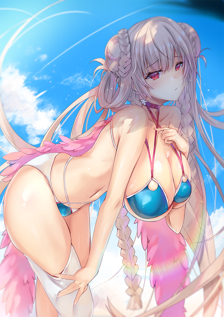 1girl azur_lane bare_shoulders bent_over bikini blue_bikini breasts choker commentary_request criss-cross_halter day double_bun eyebrows_visible_through_hair eyelashes formidable_(azur_lane) formidable_(the_lady_of_the_beach)_(azur_lane) hair_rings halterneck hanging_breasts hinot large_breasts long_hair looking_at_viewer multi-strapped_bikini outdoors red_eyes sky solo swimsuit very_long_hair