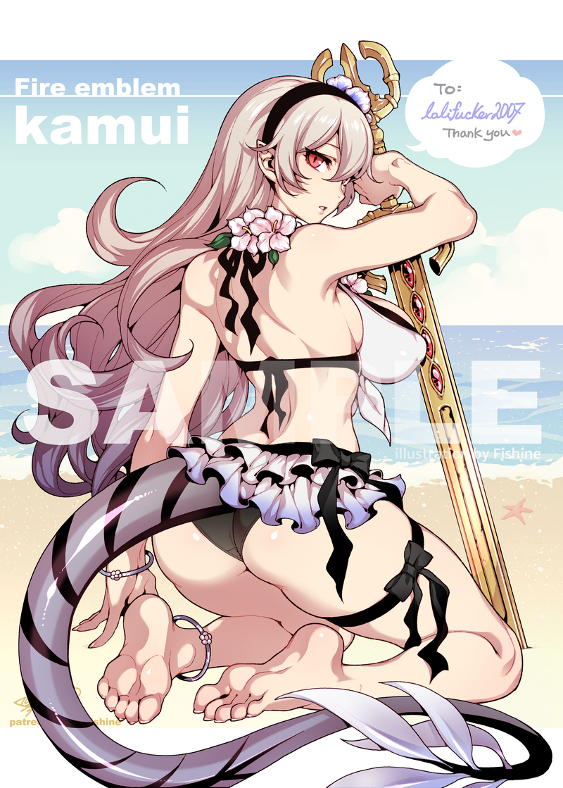 1girl anklet bangs barefoot bikini bracelet breasts character_name commission copyright_name corrin_(fire_emblem) corrin_(fire_emblem)_(female) dragon_tail feet fire_emblem fire_emblem_fates fire_emblem_heroes fishine flower frilled_bikini frills from_behind grey_hair hair_flower hair_ornament hairband head_tilt heart holding holding_sword holding_weapon jewelry large_breasts long_hair manakete patreon_username pointy_ears red_eyes sample soles solo speech_bubble swimsuit sword tail thank_you watermark weapon