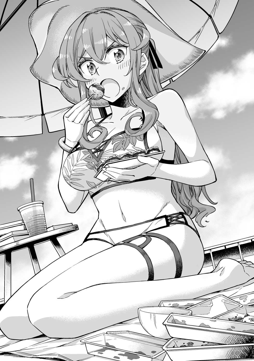 1girl beach_umbrella bikini clouds commentary_request dutch_angle eating food food_on_face gotland_(kantai_collection) hat highres kantai_collection long_hair looking_at_viewer mismatched_bikini mole mole_under_eye open_mouth sidelocks sitting sky solo sun_hat swimsuit table umbrella wariza yukiharu