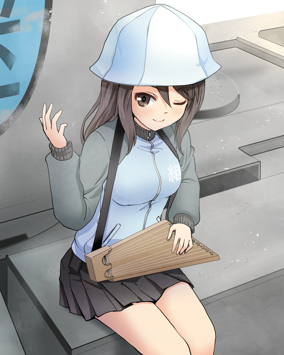 1girl black_skirt blue_headwear brown_eyes brown_hair bt-42 commentary emblem girls_und_panzer ground_vehicle haniwa_(leaf_garden) hat highres holding holding_instrument instrument jacket kantele keizoku_(emblem) keizoku_military_uniform long_hair mika_(girls_und_panzer) military military_vehicle miniskirt motor_vehicle one_eye_closed pleated_skirt riding sitting skirt smile solo tank track_jacket