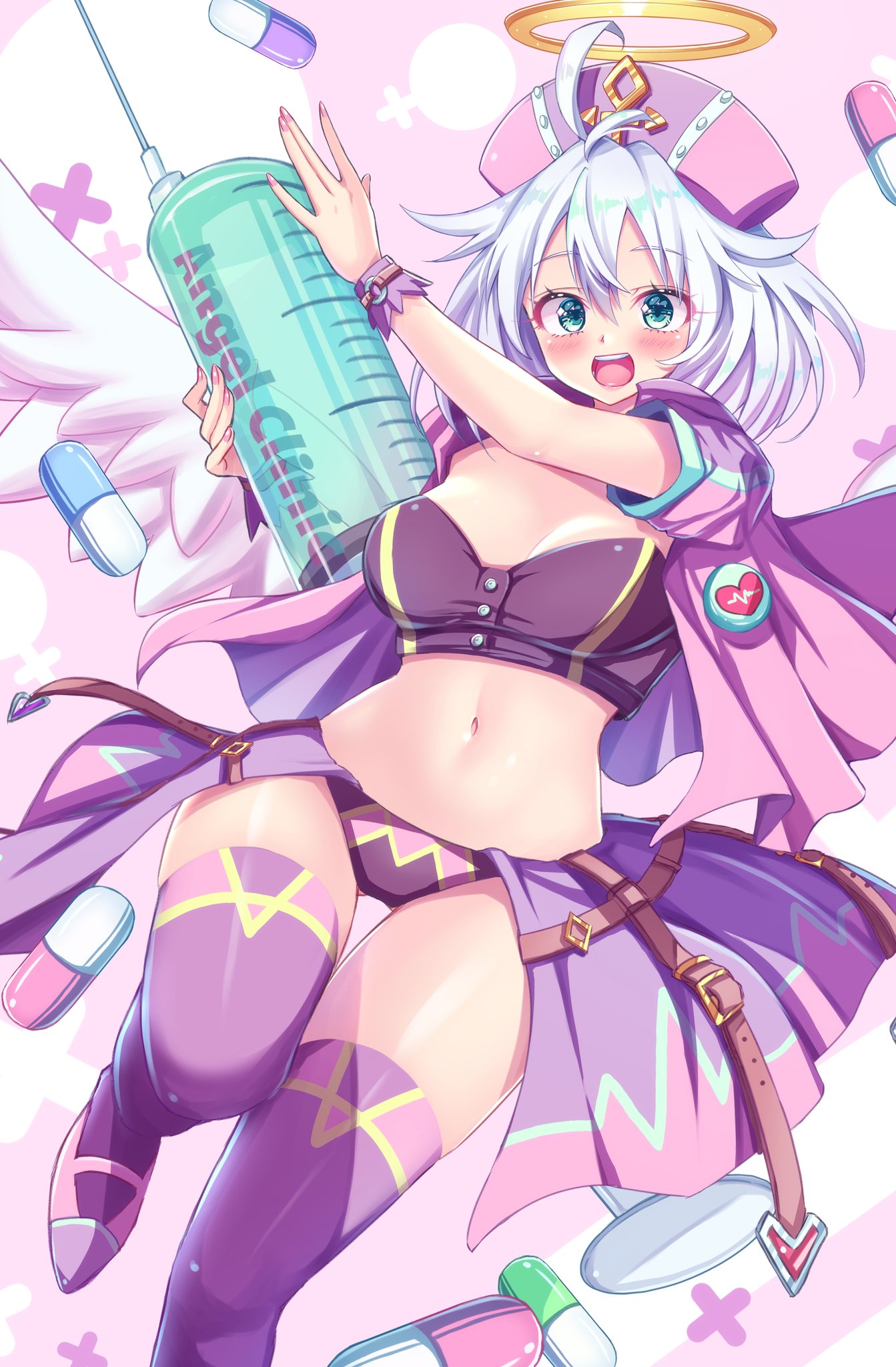 1girl :d antenna_hair aqua_eyes breasts coat crop_top halo hat highres holding large_syringe looking_at_viewer mary_janes medium_breasts midriff navel nurse_cap open_clothes open_coat open_mouth original oversized_object panties pill pink_coat purple_legwear purple_shirt purple_skirt shirt shoes short_hair short_sleeves showgirl_skirt skirt smile solo stomach syringe tenzeru thigh-highs thighs underwear white_hair wings wrist_cuffs