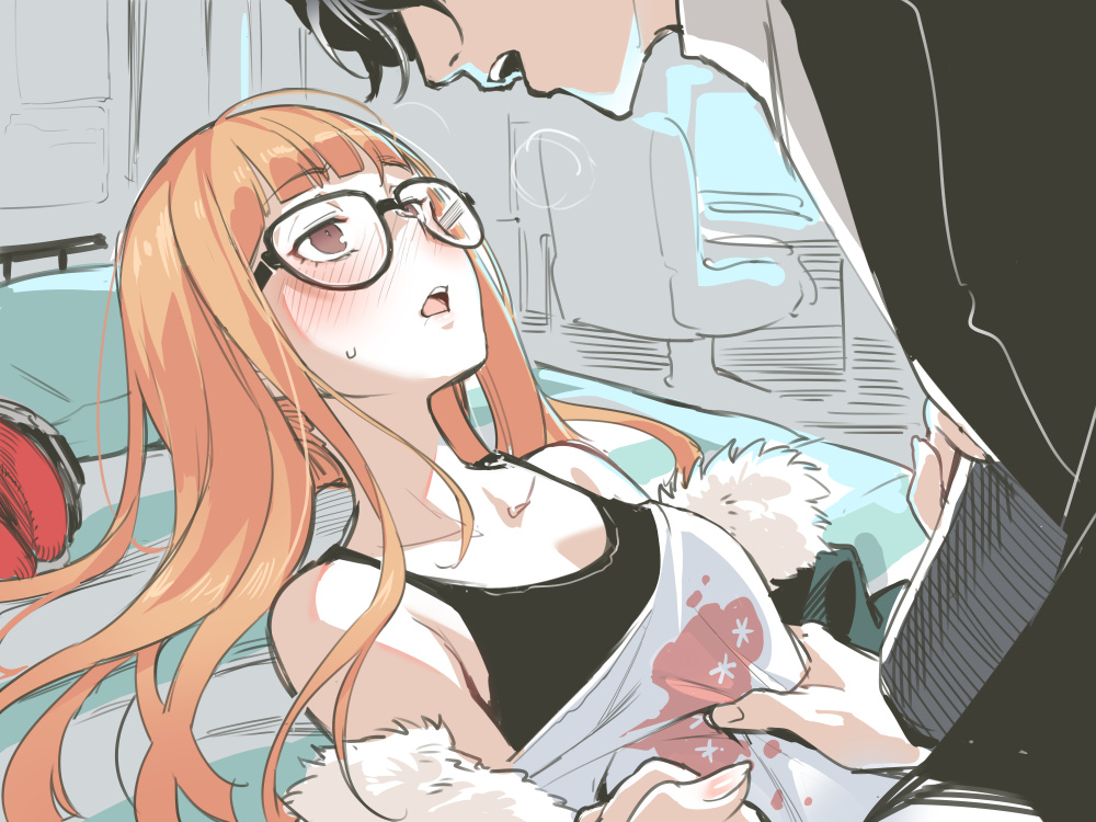 1boy 1girl amamiya_ren asutora bangs black-framed_eyewear blunt_bangs blush brown_hair collarbone eyebrows_visible_through_hair glasses headphones headphones_removed heavy_breathing hetero long_hair looking_at_another lying on_back open_mouth orange_hair persona persona_5 sakura_futaba