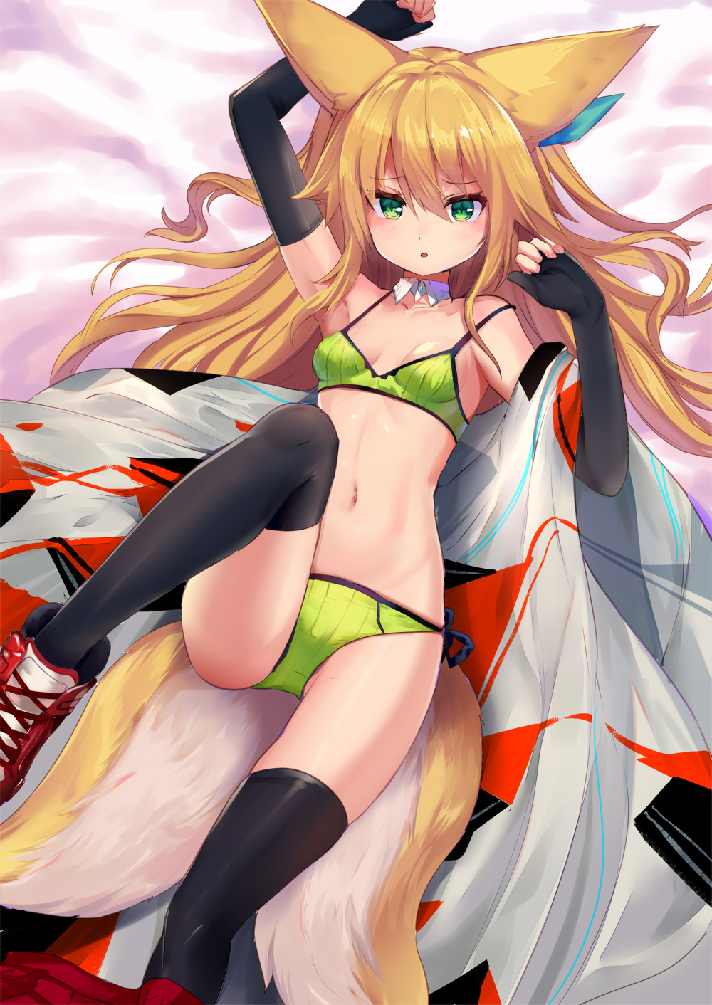 1girl animal_ear_fluff animal_ears black_legwear blonde_hair blush breasts detached_sleeves eyebrows_visible_through_hair fox_ears fox_girl fox_tail green_eyes hair_between_eyes hair_ribbon highres kokonoe_tsubaki leg_lift leg_up long_hair looking_at_viewer multiple_tails open_mouth original ribbon small_breasts tagme tail thigh-highs underwear yoshizawa_tsubaki zettai_ryouiki