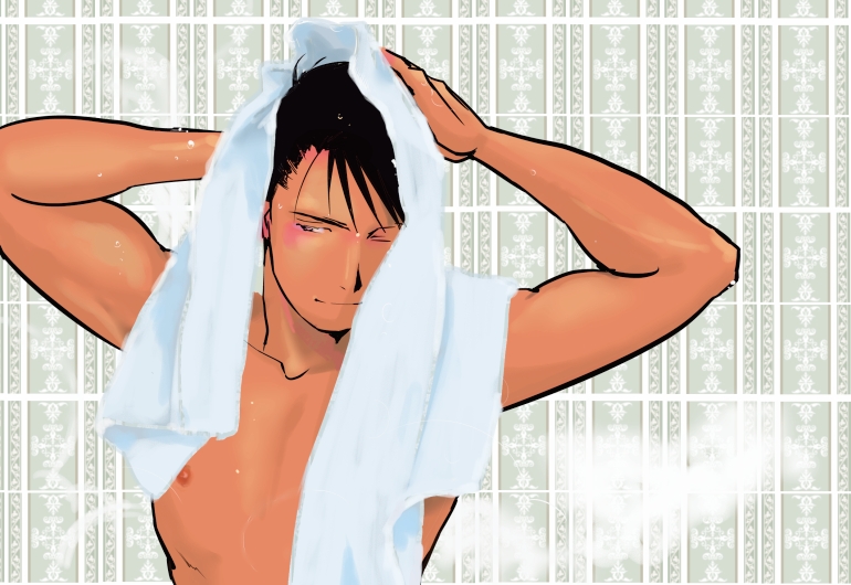 1boy arms_up black_eyes black_hair black_outline closed_mouth drying drying_hair facing_viewer fullmetal_alchemist hair_strand hands_on_own_head light_blush light_smile male_focus messy_hair muscular muscular_male nipples nude one_eye_closed outline patterned_background pectorals roy_mustang sideways_glance steam tile_wall tiles towel towel_on_head tsurime urikurage water_drop wet wet_hair