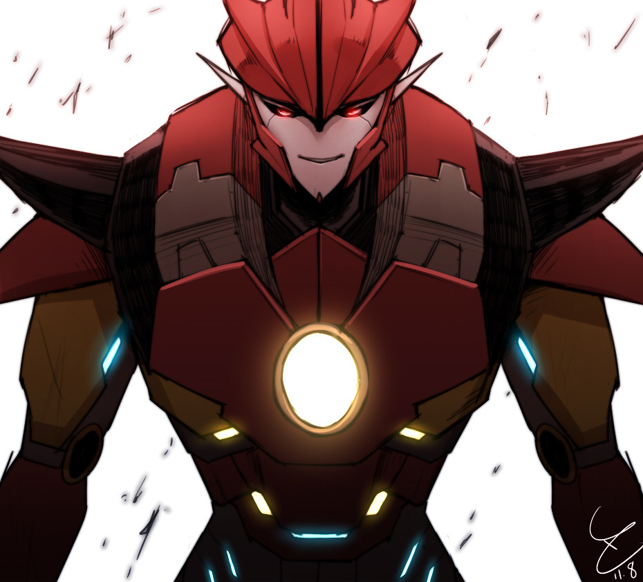 1boy avengers crossover decepticon english_commentary eyes fusion glowing iron_man knockout_(transformers) looking_down marvel red_eyes solo transformers transformers_prime white_background zoner