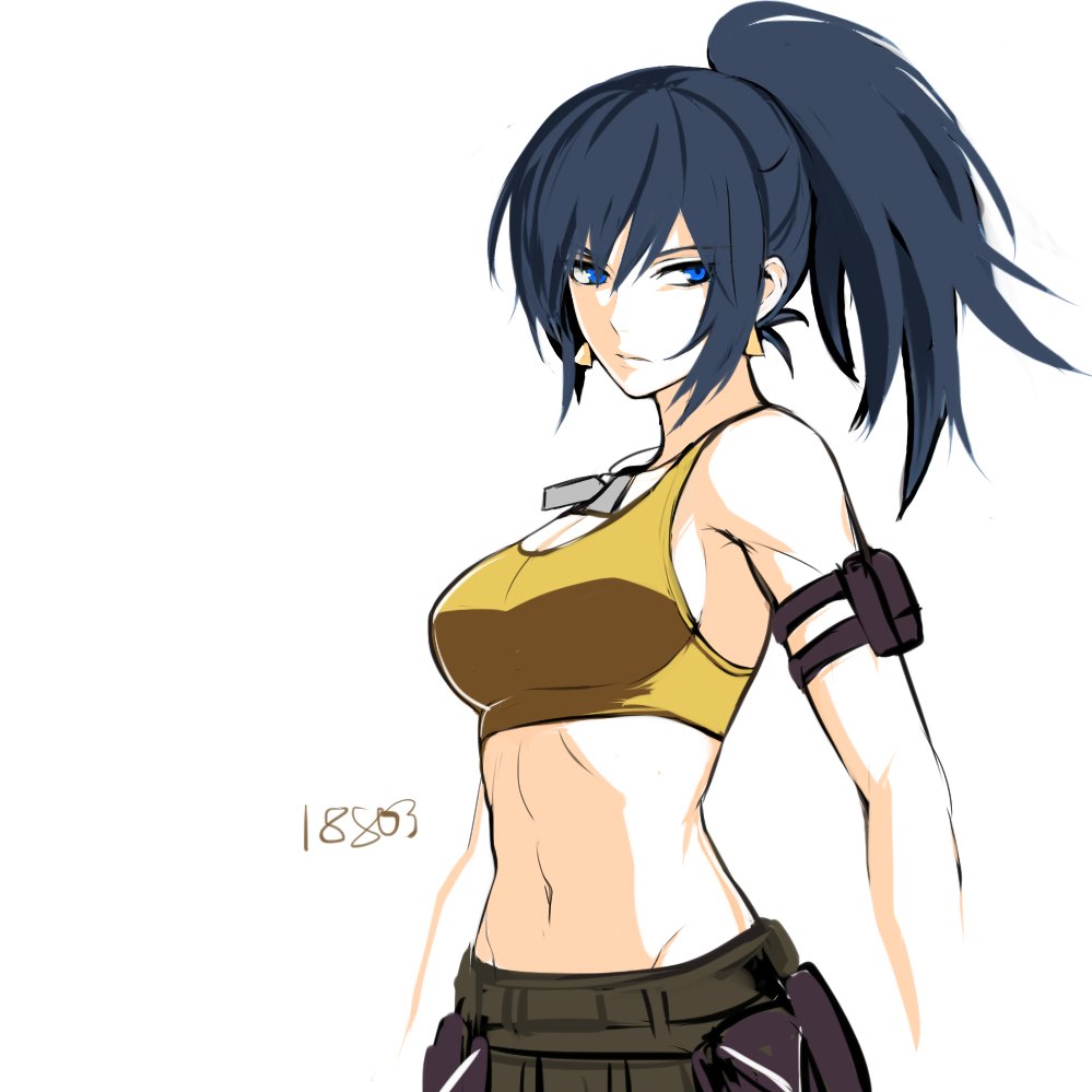 1girl arm_pouch bare_shoulders blue_eyes blue_hair dog_tags high_ponytail leona_heidern looking_at_viewer midriff navel ponytail pouch simple_background soldier solo tank_top tb_(spr1110) the_king_of_fighters the_king_of_fighters_xiv yellow_tank_top