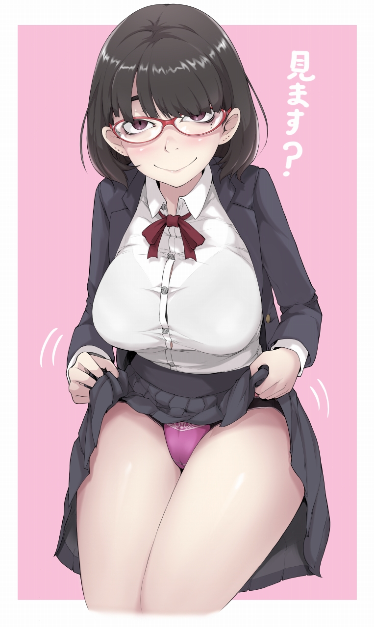 1girl blush breasts closed_mouth collared_shirt eyebrows_visible_through_hair grey_skirt highres ina_(gokihoihoi) large_breasts looking_at_viewer mole mole_under_eye original panties pink_panties pleated_skirt shirt skirt skirt_lift smile solo translation_request underwear white_shirt
